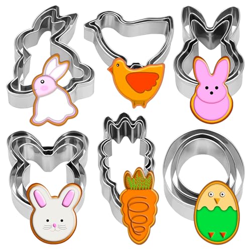 18 Pieces Easter Cookie Cutter Set - Bunny, Bunny Face, Rabbit, Egg, Chick, Carrot - Stainless Steel Easter Cookie Cutters - Large Cookie Cutters for Spring Holiday Baking