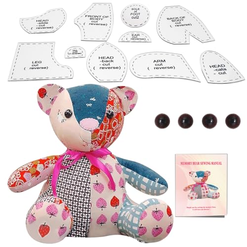 15in/Sitting Height 9in Fosdonge Acrylic Memory Bear Template Ruler Set with Detailed Instructions, Sewing Patterns for Beginners, Teddy Bear Quilting templates (Sitting Height 9in)