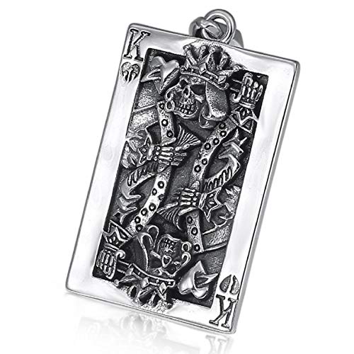 MayiaHey Skull King Poker Necklace for Men, Stainless Steel Gothic Skull Playing Card Necklace Heart Poker Necklace for Men