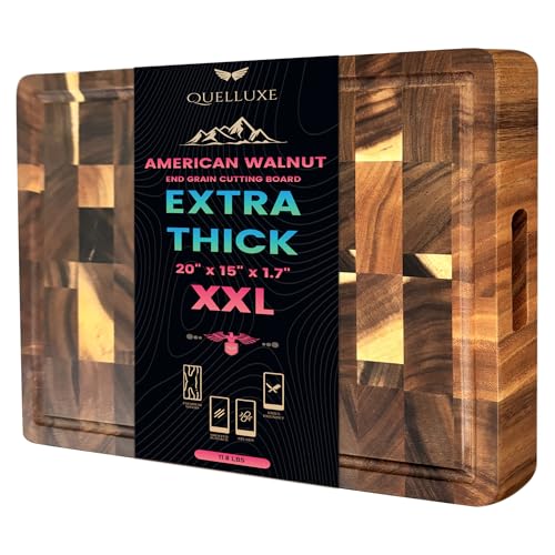 (1.7" Extra Thick & Large) 20"x15" American Black Walnut Wood End Grain Cutting Board for Kitchen with Juice Groove, Inner Handles, Heavy-Duty Butcher Block, Wooden Chopping Board, Charcuterie Boards