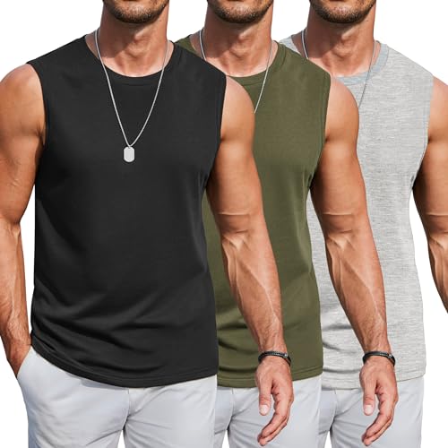 COOFANDY Mens Cut Off Tank Tops 3 Pack Sleeveless Cotton Shirt for Men Training Summer Sport Muscle T-Shirts Light Grey L