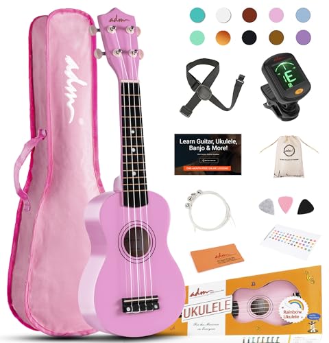 ADM Ukulele for Beginners Hawaiian Wood Ukelele Kit for Kids Adult Student Starter Professional Ukalelee Pack Bundle with Free Lessons Gig Bag Strap Nylon String Tuner (Pink, 21 Inch)