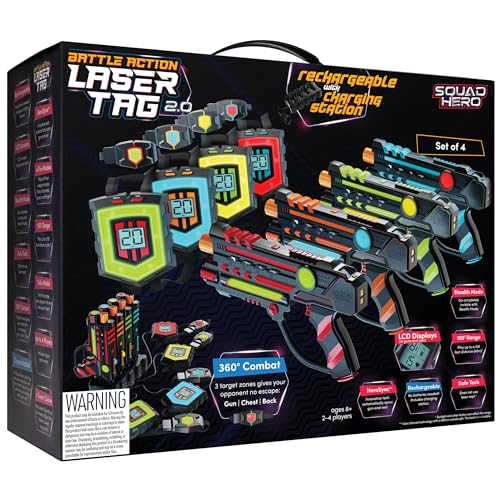 Squad Hero Rechargeable Laser Tag 360° Sensors + LCDs - Set of 4 - Easter Gift Ideas for Kids Teens and Adults Boys & Girls Family Fun - Cool Teenage Lazer Group Activity, Teen Gifts Ages 8+ Year Old