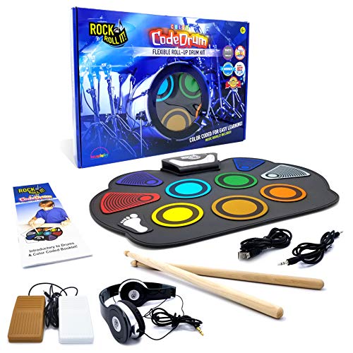 MUKIKIM Rock And Roll It - CodeDrum. Roll Up Portable Drum Set for Kids & Adults. Electronic Silicone Rainbow Drum Pad | Headphones | Pedals | Drum Sticks | Play-By-Color Rhythm Booklet Included