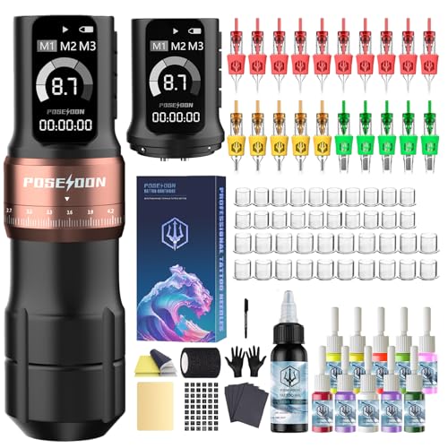 Poseidon Tattoo Gun Kit Wireless Machine Kit 7 Strokes Length with 2pcs 2300mAh Batteries Power Supply 11 Tattoo Ink 20 Pcs Tattoo Needle Cartridges for Beginner and Artist
