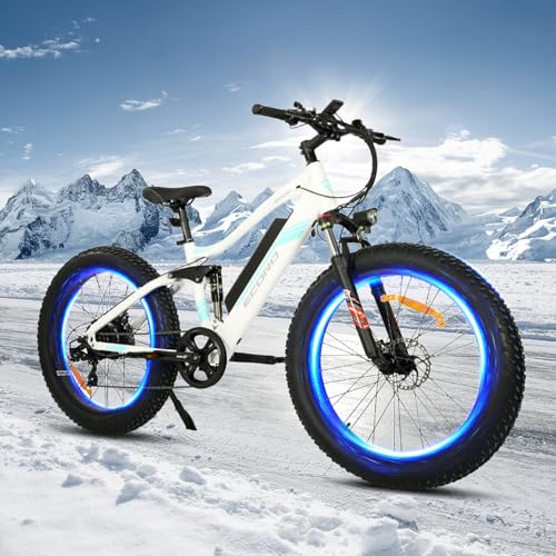 ECORD Electric Bike for Adults, 26'' Fat tire Electric Mountain Bike Full Suspension Fork, 500W Adult Electric Bicycle with BAFANG Motor 48V Removable Battery, Shimano 7 Speed Gears (White)