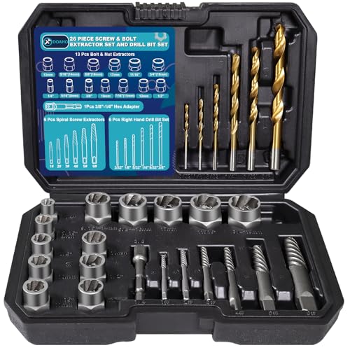 DOAHO 26 Piece Impact Bolt and Spiral Screw Extractor Set with Left Hand Reverse Drill Bit Kit for Easy Out Damaged Stripped Broken Screw Lug Bolt Nut Remove with Hex Adapter