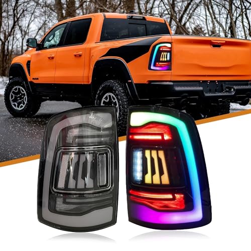 KYSLFZ Tail Lights, RGB Tail Light Assembly for Dodge RAM 1500 2009-2018 RAM 2500 2013-2018 Pickup Truck Rear Tail Lamp Dynamic Start And Turn Signals, Left And Right LED Taillight,Smoke