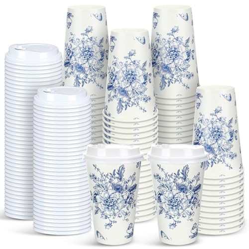 Irenare 96 Pack Blue and White Flower Disposable Coffee Cups with Lids 16 oz Blue Floral Paper Cups Chinoiserie Floral Pattern for Office Home Tea Party
