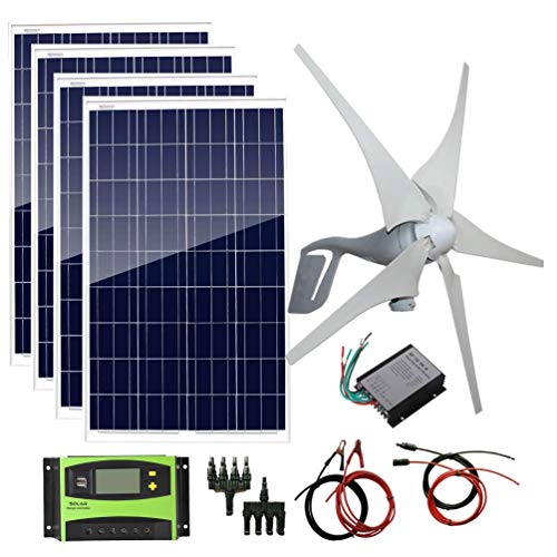 AUECOOR 800W 12V 24V Solar Panel Wind Turbine Kit: 400W Wind Turbine Generator + 4 pcs 100W Poly Solar Panel+ Accessories Home Cabin RV Off Grid System