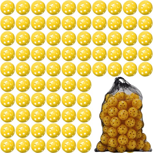 MiniInflat 80 Pack Practice Golf Balls Limited Flight 42 mm Golf Training Airflow Hollow Plastic Ball for Women Men Indoor Outdoor Driving Range Swing Practice Home(Yellow)