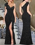 VFSHOW Womens Elegant Ruffle One Shoulder Beaded Strap Wedding Formal Maxi Dress 2023 Ruched Slit Cocktail Evening Sparkly Long Gown (Black, Medium) 3119 BLK M