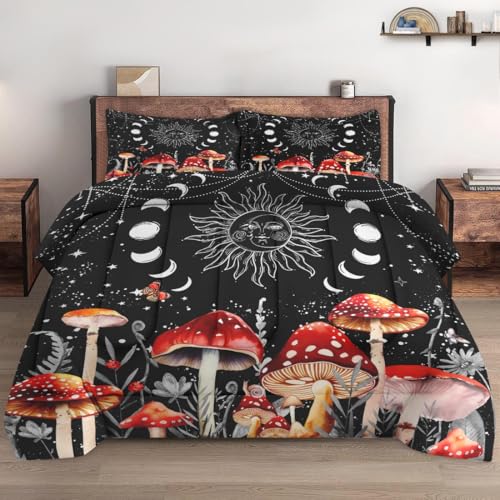 WeCozy Full Size Comforter Set with 2 Pillowcases, Sun Moon Boho Mushroom 3 Pcs Bedding for Kids and Adults, Astrology Tarot Witch Soft Comforter Set for Bedroom Bed Decor