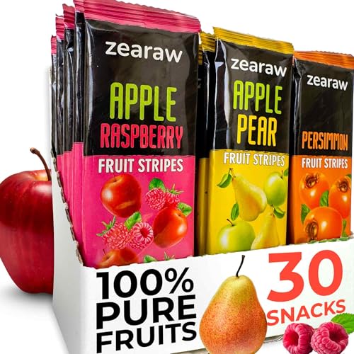 ZEARAW Healthy Fruit Snacks for Adults and Kids – 30 Organic Fruit Leather with Dried Apple-Pear, Apple-Raspberry, Persimmon – Vegan Low-Carb Variety Pack Strips for Kids – Sugar Free Bars