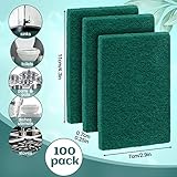 Hoolerry 100 Pcs Heavy Duty Scouring Pads Non Scratch Household Scrub Pads for Cleaning Reusable Pan Scrubber Anti Grease Scrubbing Pads for Dish Kitchen Metal Grills, 4.3 x 3 x 0.3 in (Green)