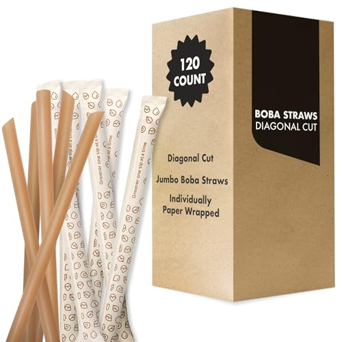 Jumbo Boba Straws Disposable [120 Count] Boba Straw Jumbo for Smoothie Milkshake [Paper Wrapped] Plant Fiber Bubble Tea Big Tea Straws Popotes Desechables Para Bebidas 吸管 Fat Bubba Bobo