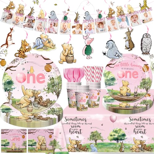 169 Pcs Winnie First Birthday Decorations for Girl Serves 25 Guests, 1st Birthday Decorations Girl Include Banner, Plates, Napkin, Cup, Forks, Straw and Tablecloth, 1st Party Decorations