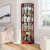 BELLEZE Lighted Corner Display Curio Cabinet,72" Tall Wooden Curved Shelving Unit with Tempered Glass Door, Bar and Liquor Storage Area with 6 Shelves - Ashfield (Walnut)