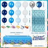 Under the Sea Party Decorations 98Pcs, Ocean Theme Birthday Party Supplies Include Backdrop Tablecloth Bubble Garlands Cake Topper Ocean Animals Balloons for Pool Beach Party Baby Shower (Ocean-01)