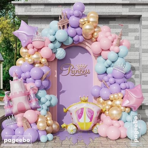 PageebO Princess Balloon Garland Arch, 154Pcs Pastel Blue Pink Purple Gold Balloons with Castle Carriage Star Foil Balloons for Girls Princess Rainbow Baby Shower Birthday Fairytales Party Decortion
