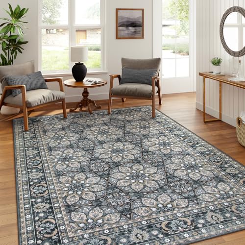 Lahome 6x9 Area Rugs for Bedroom,Washable Black Living Room Rugs,Non-Slip Dining Room Rug,Mandala Vintage Oriental Soft Indoor Floor Carpet for Dining Table Home Office(6'x9',Black)