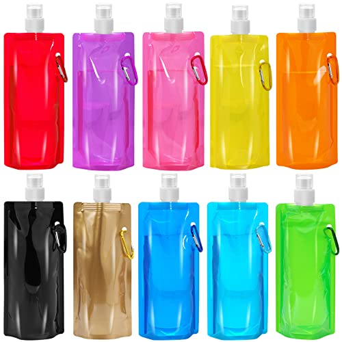 10 Pcs Collapsible Water Bottle 480ml,Leak Proof Water Bottles with Carabiner,Foldable Water Bottle BPA Free,Reusable Drinking Water Bags with Clip,Travel Water Bottles for Travel Gym Camping Hiking