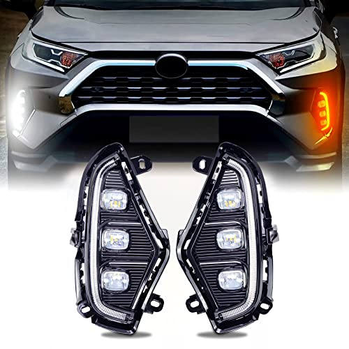 LED Daytime Running Lights Fit for 2019-2021 Toyota RAV4 Fog Lights Kit,Fog Lights Assembly Rav4 Replacements with DRL Amber Turn Signal Lamps,3 Eyes Rav4 Daylights with Bezel(1 Pair )