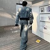 Mens Standing Collar Patchwork Short Denim Jacket And Loose Street Baggy Jeans 2 Pieces Sets Blue XL