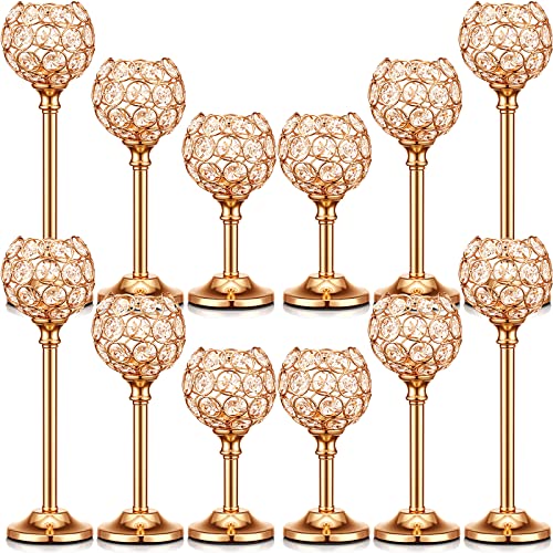 12 Pack Crystal Candle Holders Gold or Silver Candle Holders Bulk Decorative Tealight Candle Holder for Wedding, Party, Christmas Table Centerpieces Decoration (Gold)