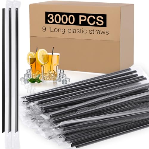 Eaasty 3000 Pcs 5mm Jumbo Straws Individually Wrapped 9" Long Disposable Plastic Bubble Tea Drinking Straws Bulk for Smoothie Kitchen Bar Restaurant Party Drinks (Black)