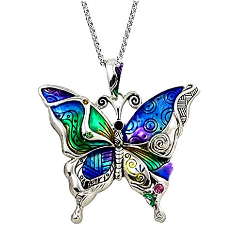 DianaL Boutique Silvertone Colorful Butterfly Pendant Necklace 24" Stainless Steel Chain