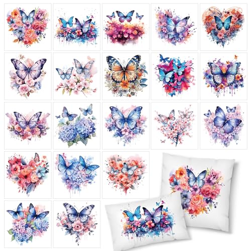 Whaline 20 Sheets Summer Flower Butterfly Iron on Stickers Watercolor Floral Heat Transfer Vinyl Decals Assorted Colorful HTV Adhesive Craft Vinyl for Clothing DIY Fabric Decor