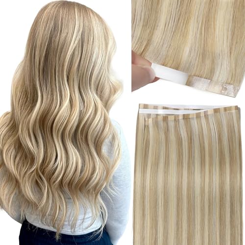 Loxxy DIY Long Tape in Hair Extensions Real Human Hair - Remy Wide Tape Hair Extensions Straight - Light Brown With Platinum Blonde Highlights, 20 Inch 50g, Wide PU Weft 31.5"(80cm)