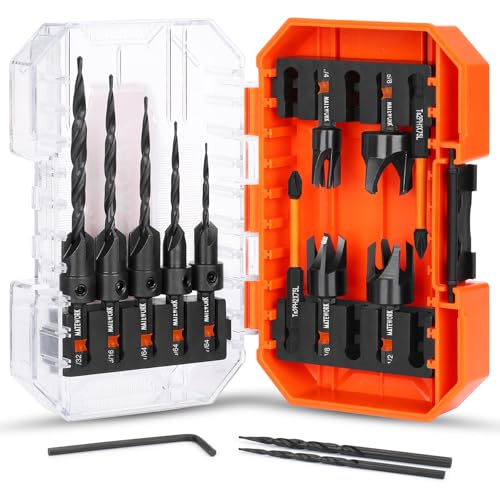 Matework Countersink Drill Bit Set, M2 Cobalt HSS Counter Sink Drill Bit for Wood, Adjustable Depth Drill Bit Set, 15PCS Wood Plug Cutter Drill Bit Set for Woodworking