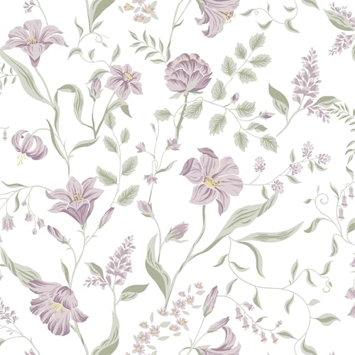 Guvana Peel and Stick Wallpaper Floral Wall Paper Purple Flower Contact Paper Removable Self Adhesive Wallpaper for Bathroom Livingroom Accent Walls Cabinets Decor Waterproof Vinyl Roll 17.3"×197"