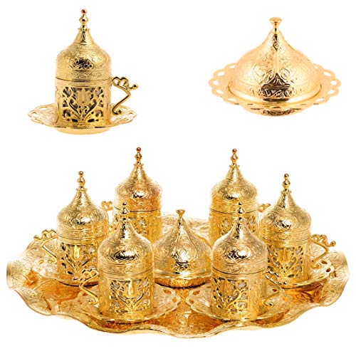 Alisveristime 6-Piece Set Turkish Espresso Coffee Cups with Saucer, Lid, Traditional Ottoman Tulip Motif (Multiple Color Variations) (Lale) (Gold)