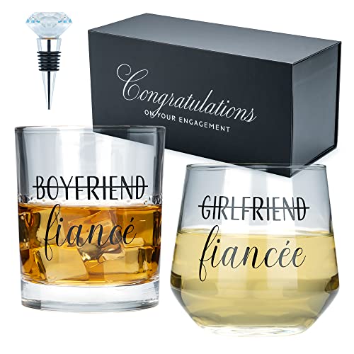 Newlywoo Engagement Gifts for Couples - Unique Fiance Gifts for Him or Her! Whiskey Wine Glasses with Diamond Wine Stopper