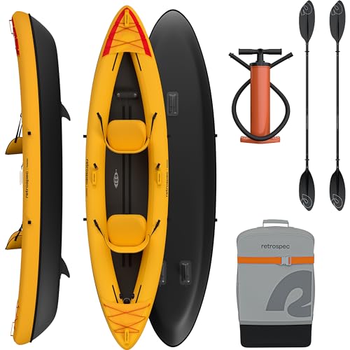 Retrospec Coaster Tandem Inflatable Kayak - 2 Person Inflatable Kayak for Adults, 500lb Weight Capacity, Puncture Resistant, Lightweight 2 Person Kayak with Adjustable Seats Paddle & Pump