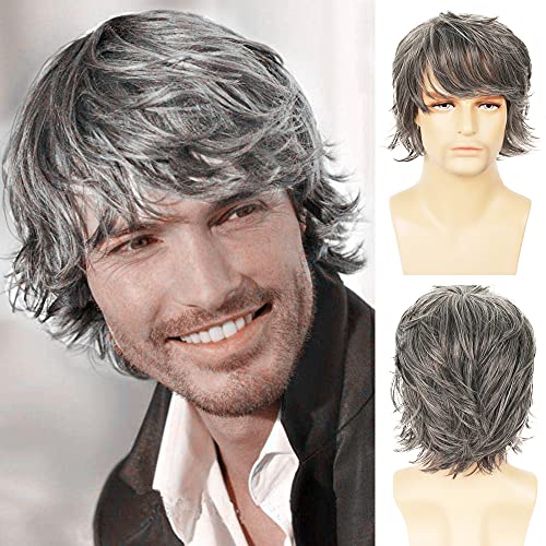 Wiwige Mens Grey Wig - Short Layered Natural Fluffy Synthetic Heat Resistant Halloween Cosplay Hair