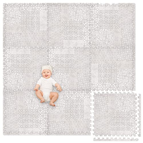 Play Platoon Non-Toxic Extra-Thick Childrens Foam Play Mats for Floor, 9 Tiles - 72 x 72 inch Comfortable Cushioned Foam Floor Puzzle Tiles for Kids & Toddlers with 24 x 24 inch Sets - Khaki