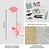 Fully Assembled Wedding Photo Booth Props - Set of 40 - Gold, Pink, Teal, & Silver Selfie Signs - Wedding Party Supplies & Decorations - Cute Designs with Real Glitter - Did We Mention No DIY