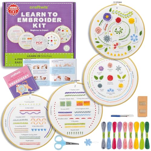 Craftwiz 4-Piece Starter Embroidery Kit for Beginners and Teens with Simple Patterns, Learn 29 Stitches with Hand Embroidery Kit