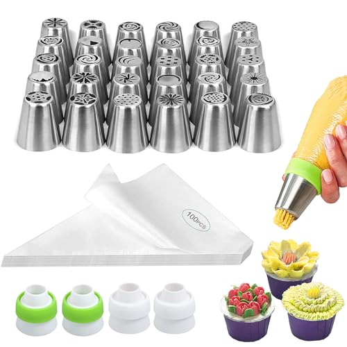 Suuker Russian Piping Tips, 134 Pieces Piping Bags and Tips Set, Frosting Piping Kit with 30 Large Piping Tips, 100 Icing Bags and Tips Set, Cake Decorating Kit