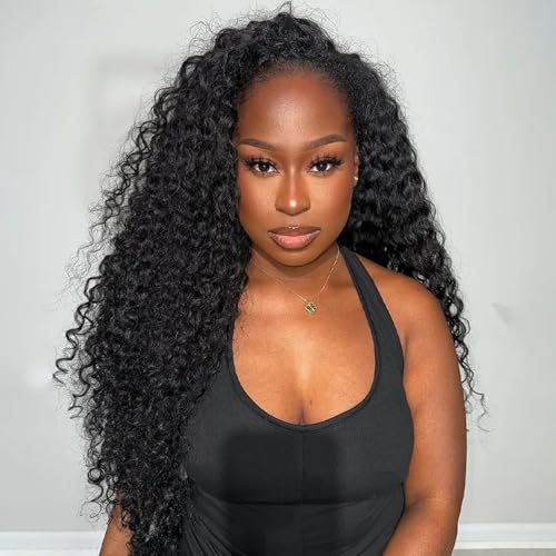 BGM GIRL Half Wig Human Hair Water Wave 3 in 1 Wigs Beginner Friendly Flip Over Drawstring Glueless Wig Ready to Go Seamless Clip in Wigs Natural Black Color 22 Inch