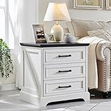 ACCOHOHO Farmhouse Nightstand with Charging Station, 24 Inch Wide End Table with 3 Large Drawers & Bar Handles, Rustic Wood Small Dresser Chest of Drawers for Bedroom, Living Room, Closet, Off White