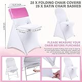 Lounsweer 50 Pcs Folding Chair Cover Set with 25 Stretch Spandex Slipcovers 25 Satin Chair Sashes Bows Ribbon Washable Banquet Protector for Wedding Event Party(White, Pink)