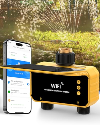 WiFi Sprinkler Timer 2 Zone without Gateway, Solar WiFi Water Timer for Garden Hose via Smart APP Remote Control, Alexa/Google Assistant Compatible, Rain Delay/Auto/Manual Override Option, Brass Inlet