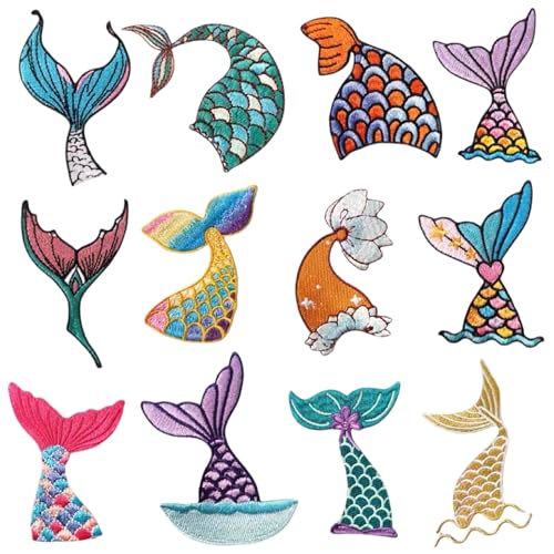 Iron On Patches for Clothing,12Pcs,Colorful Mermaid Tail Glitter Embroidered Patches for Backpacks，Applique for Clothes Dress Pants Hats Jeans, Sewing Applique DIY Accessory (Mermaid tail-12 Piece)