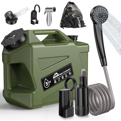 Widitn Portable Camping Shower with Water Jug, Electric Rechargeable Camping Shower, 5-Gallon Food Grade Water Containers, Outdoor Camp Pump Water Storage Kit for Hiking Beach, Travel, Pet Bath