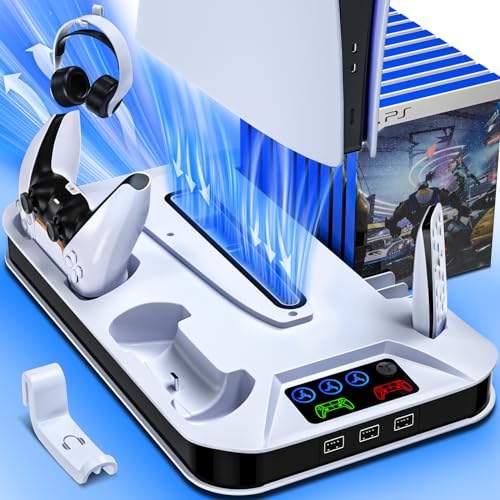 PS5/PS5 Slim Cooling Station with Controller Charging Station for Playstation 5 Slim&Standard Disc/Digital Console, PS5 Slim Stand Cooler Accessories Incl Cooling Fan/3 USB Hubs/Headset Holder/Screw